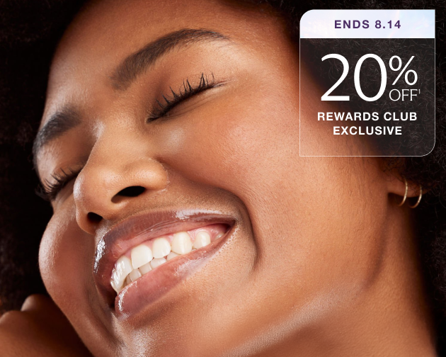 Close-up of glowing skin and radiant smile with text reading “20% Off – Rewards Club Exclusive, Ends 8.14.” Save on Hydraglow facial treatments and boost your summer glow.