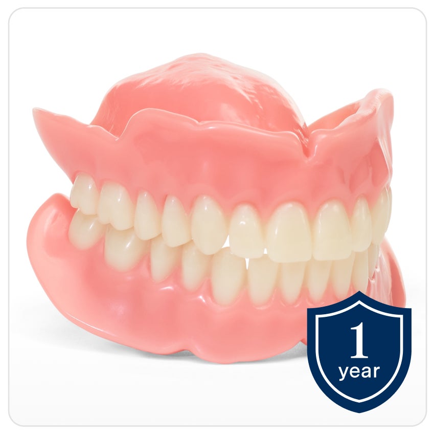 A model of Classic dentures, one of the essential full dentures offered at Aspen Dental, on a white background. A shield icon on the bottom right with text that reads "1 year" indicating the warranty.