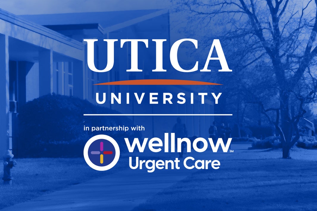 Visual of Utica University in partnership with WellNow Urgent Care. Visual of campus in the background.