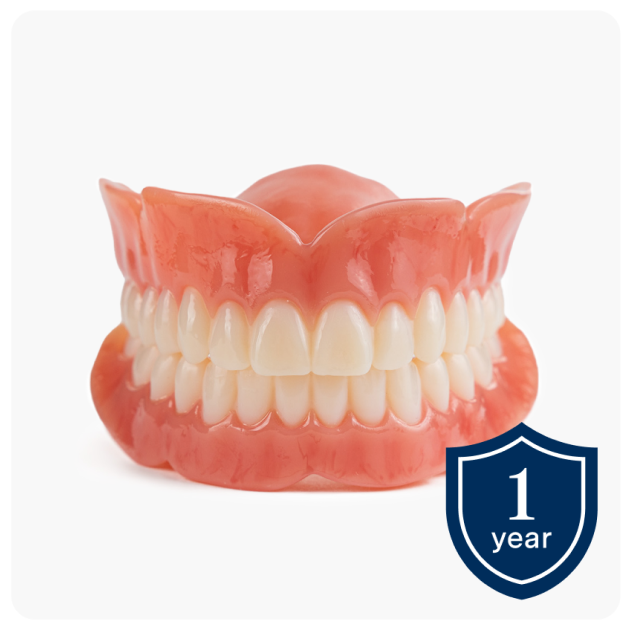 A pair of Aspen Dental Classic dentures presented on a white background with a 1-year warranty badge in the corner, showcasing basic denture quality and warranty coverage.