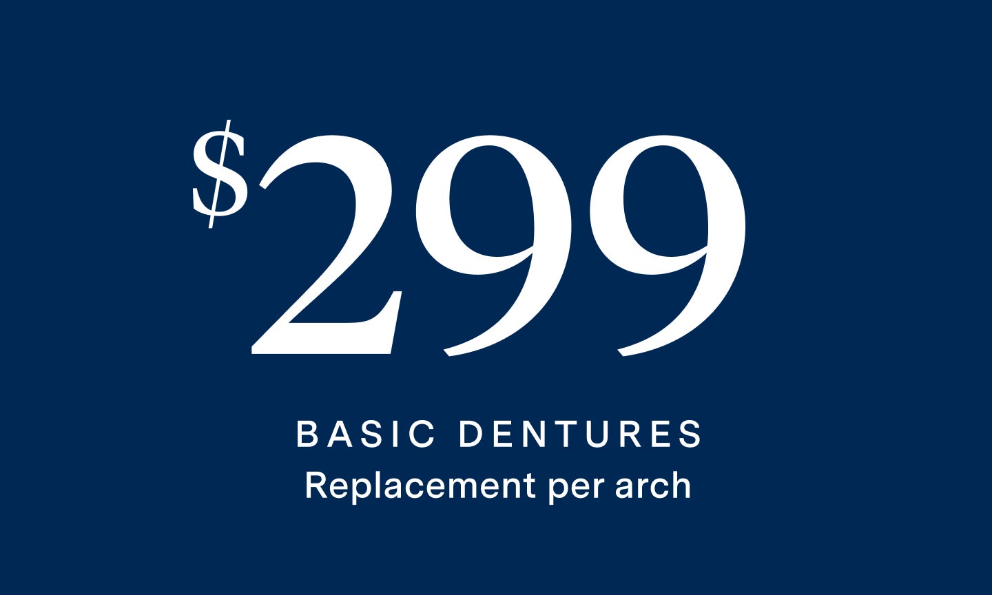 Promotional banner for Aspen Dental’s basic dentures, featuring a price of $299 per arch.