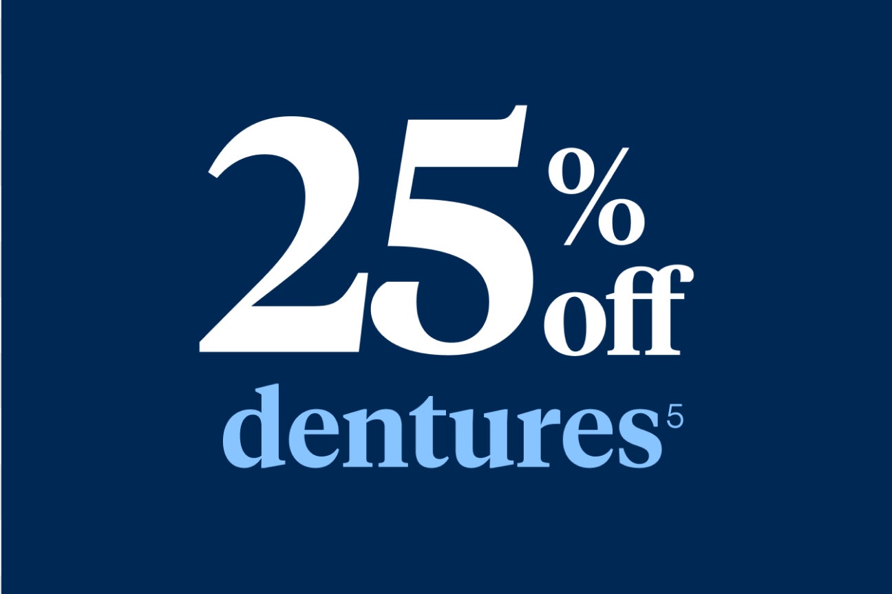 Aspen Dental promotion offering 25% off dentures, highlighting affordable dental solutions for new and existing patients.