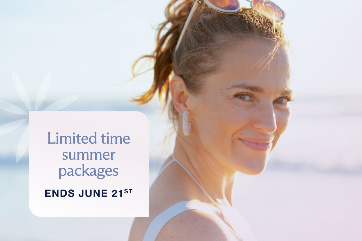 Smiling woman on a beach promoting Chapter’s summer packages. Text on image reads “Limited time summer packages. Ends June 21st.”