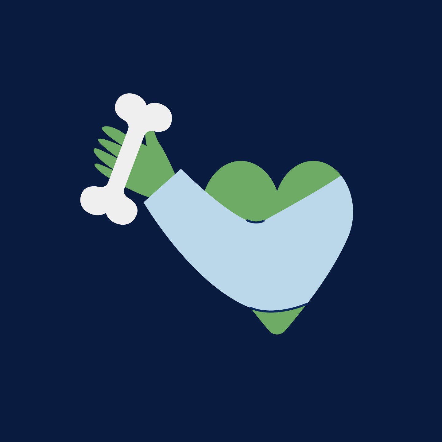 A hand holding a bone in front of a heart.