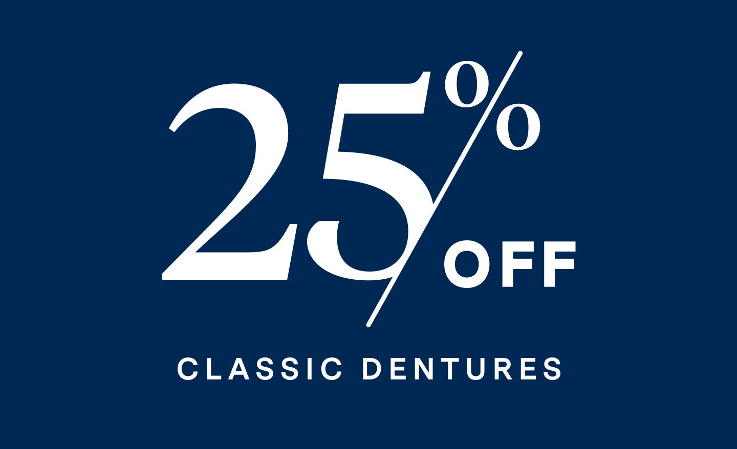 Promotional banner offering 25% off classic dentures with bold white text on a blue background, provided by Aspen Dental.