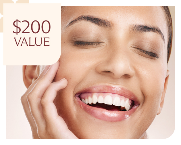 A glowing face after a Skin Assessment at Chapter med spa next to a graphic that says $200 value