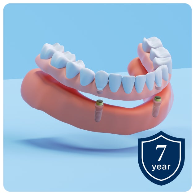  Illustration of dental implants in a lower jaw with a set of dentures above, highlighting implant dentures, accompanied by a shield icon with text "7 year" indicating the warranty.