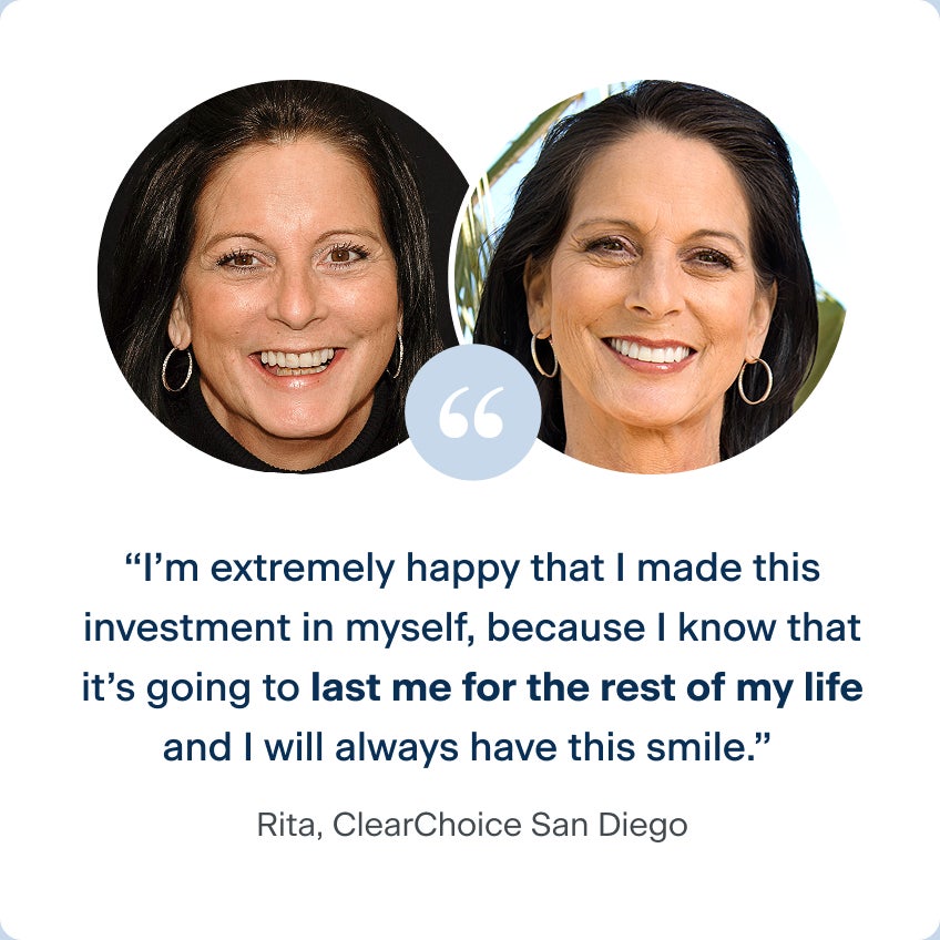 A quote from Rita, a patient from ClearChoice San Diego: "I'm extremely happy that I made this investment in myself, because I know that it's going to last me for the rest of my life and I will always have this smile.