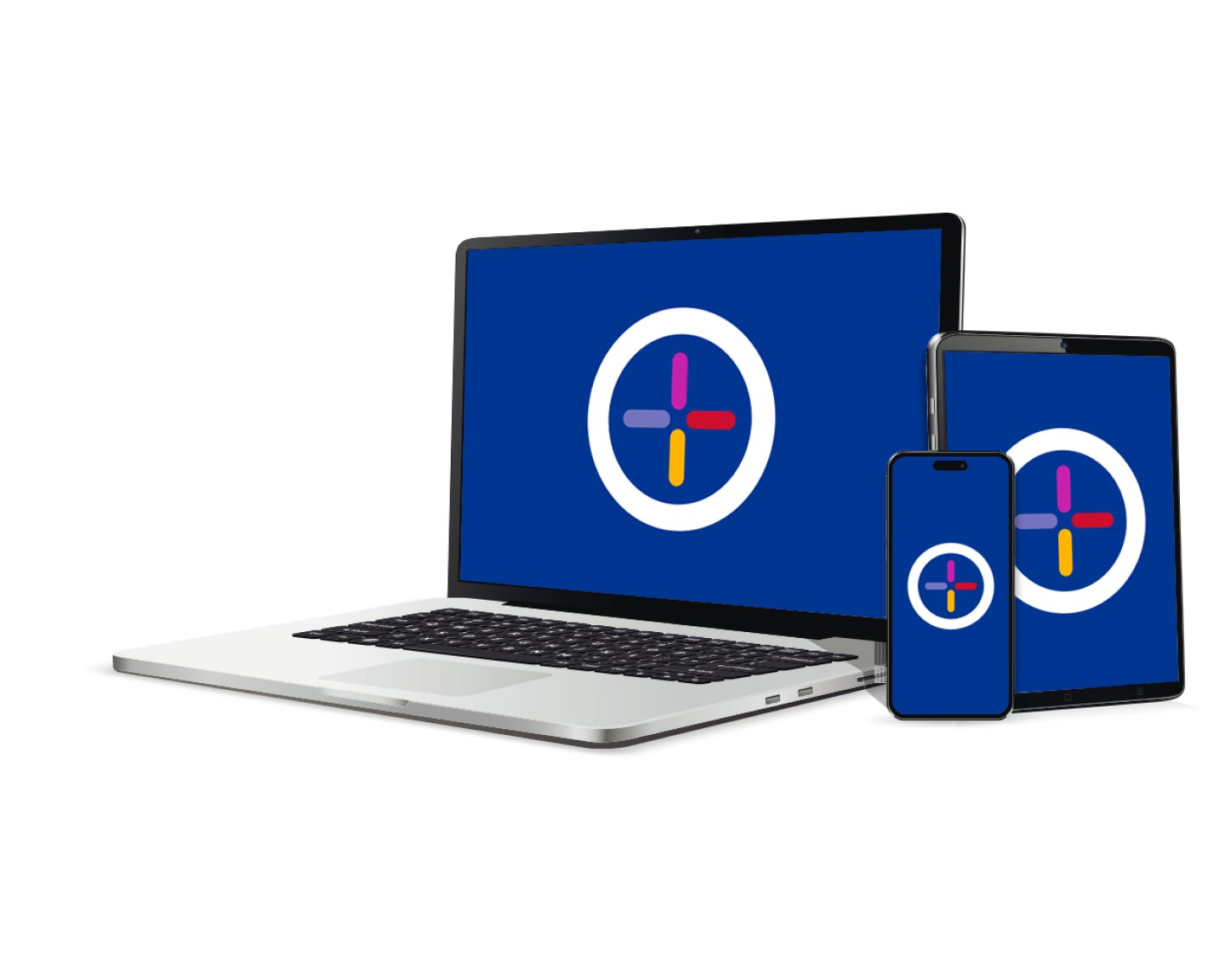 A laptop, tablet, and cell phone all with the WellNow logo on the screen; showing the difference devices you can use to connect with virtual care services.