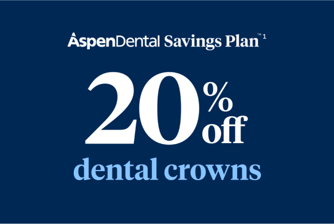 Aspen Dental Savings Plan promotion offering 20% off dental crowns, displayed on a dark blue background with bold white text.