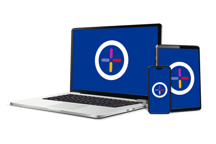 A laptop, tablet, and cell phone all with the WellNow logo on the screen; showing the difference devices you can use to connect with virtual care services.