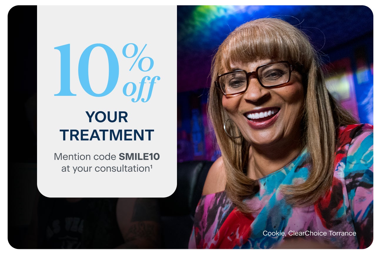  ClearChoice promotional image offering 10% off your dental implant treatment for eligible patients. Mention code smile10 at your consultation. Features smiling older patient wearing glasses and colorful clothing.