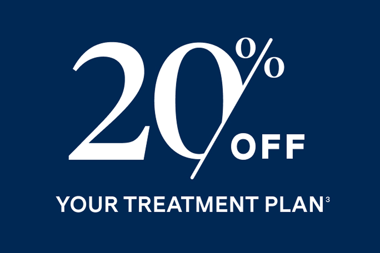 Aspen Dental promotional banner offering 20% off on treatment plans, displayed on a dark blue background with bold white text