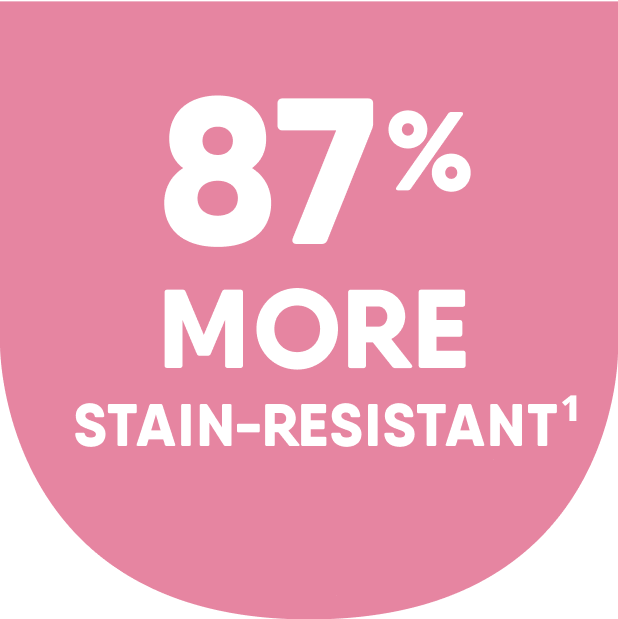 A graphic with a pink background displaying "87% More Stain-Resistant," highlighting the enhanced durability and stain resistance of Motto clear aligners.