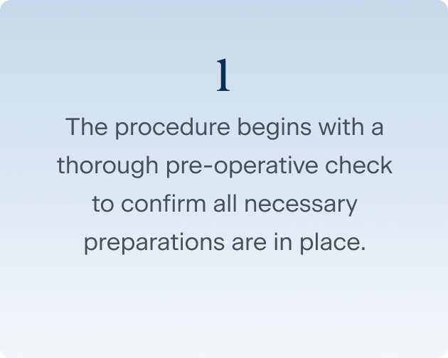 Step one of the dental implant surgery, which begins with a thorough pre-operative check to confirm all necessary preparations are in place.