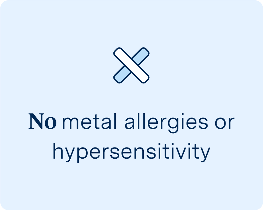 Graphic with the text 'No metal allergies or hypersensitivity' under a crossed icon, highlighting suitability for titanium dental implants, associated with Aspen Dental.