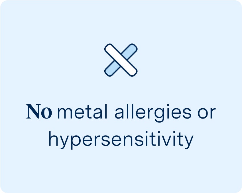 Graphic with the text 'No metal allergies or hypersensitivity' under a crossed icon, highlighting suitability for titanium dental implants, associated with Aspen Dental.