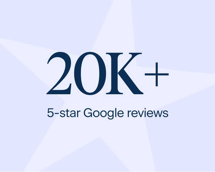 A recognition of ClearChoice’s 20,000+ 5-star Google reviews, showcasing patient trust and satisfaction in dental implants backed by the ClearChoice lifetime warranty.