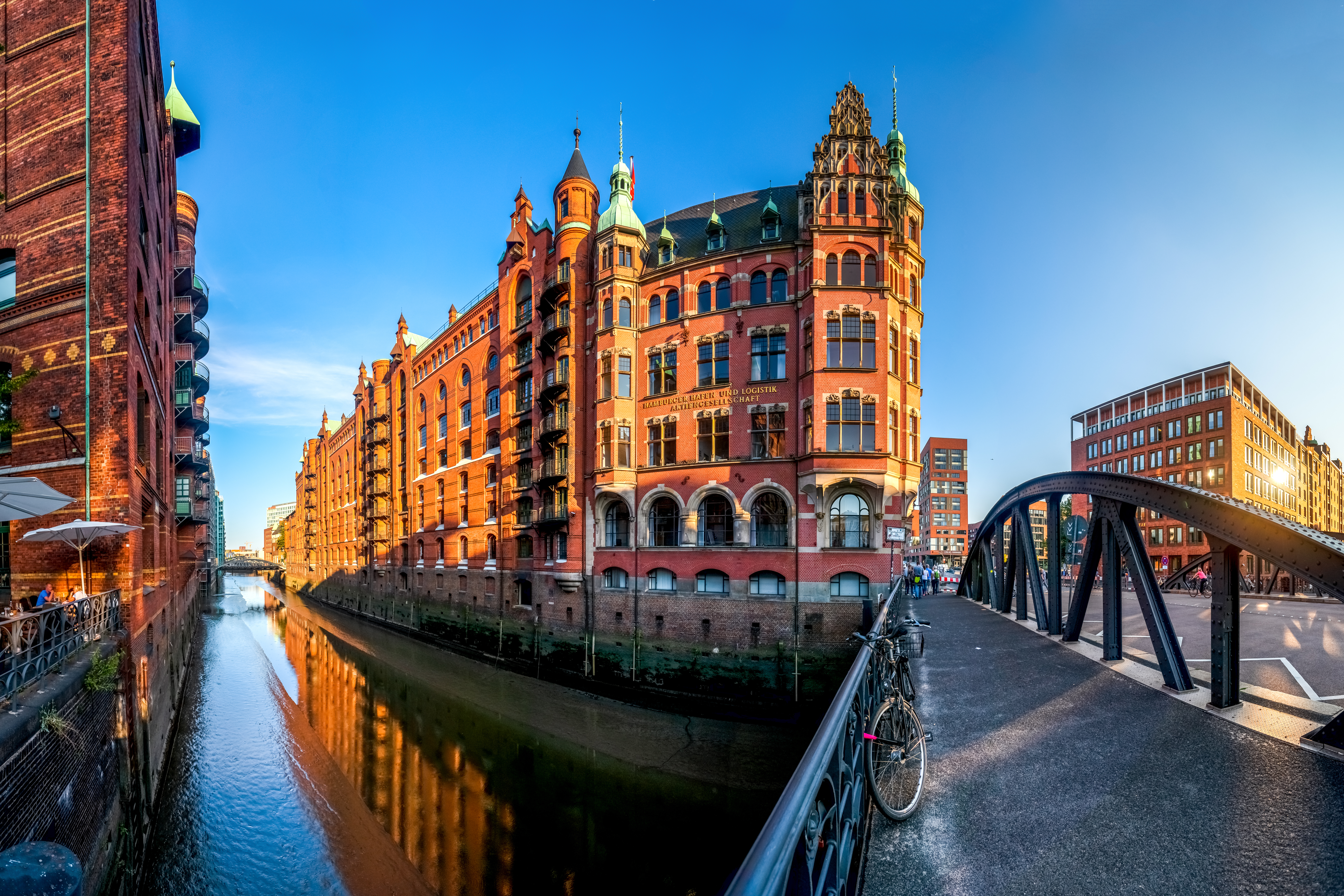 Hamburg City Center with its dynamic cityscape with historic brick warehouses of the Speicherstadt district in Germany