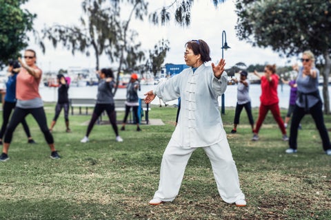 People practicing Chinese Martial Arts at a park in Beijing, China