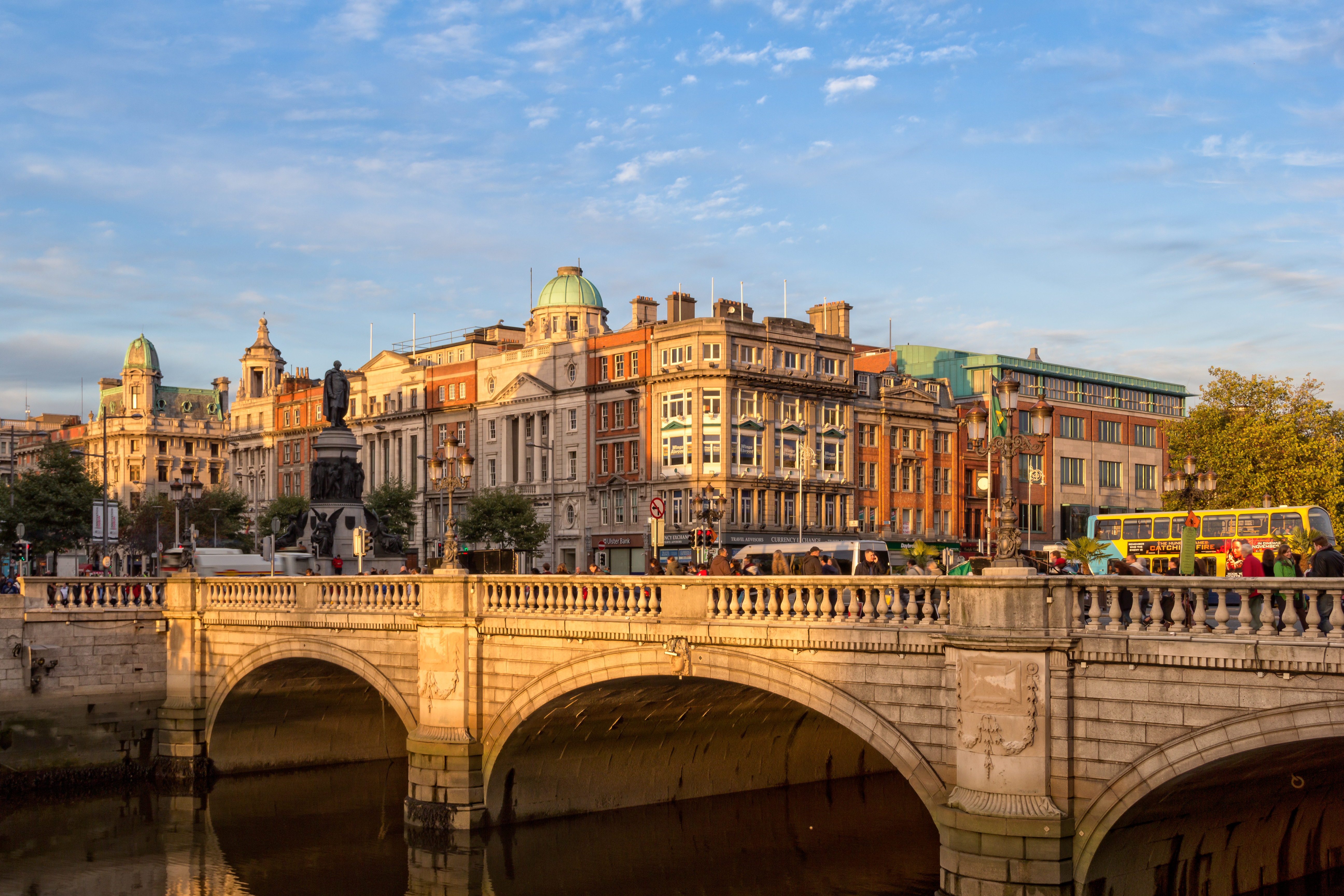 O'Connell Street in Dublin City Center, Ireland, with historic buildings and the Spire in view