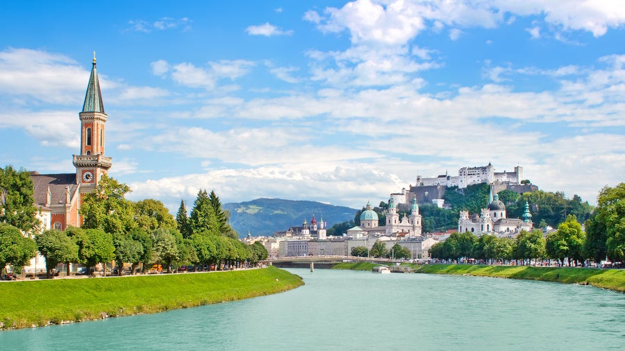 Salzburg City Center with its historic buildings and Salzach River