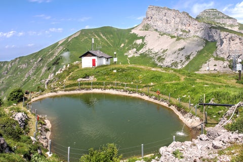 View from Leysin–Berneuse in Switzerland, overlooking the rocky peak of Tour d'Aï and surrounding alpine landscape
