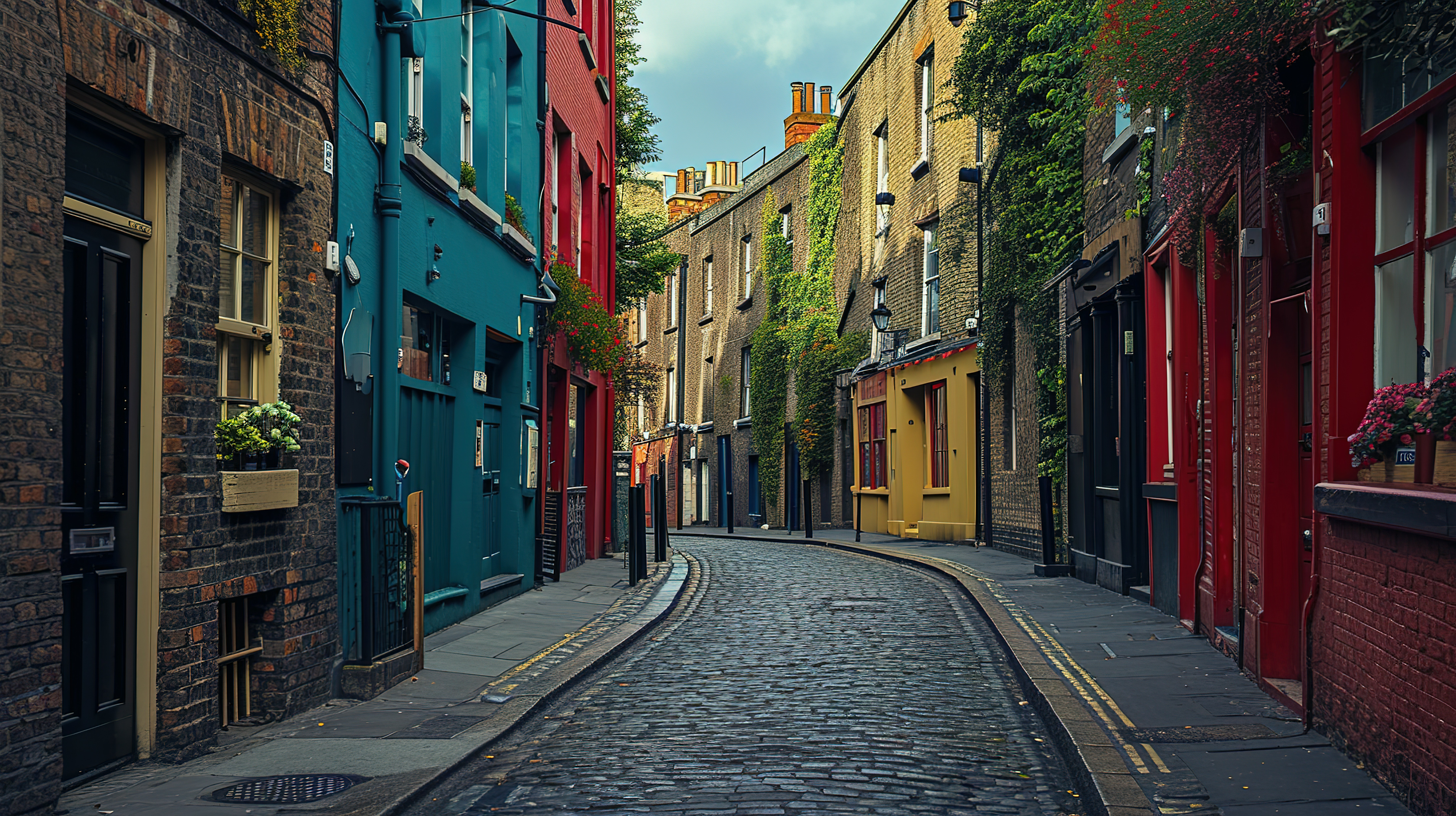 Empty street in Dublin city center, Ireland, lined with colorful houses and historic charm
