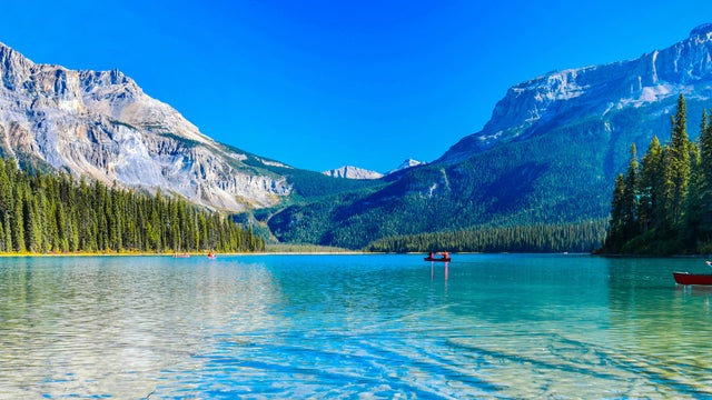 Tranquil Emerald Lake reflecting surrounding forests and Rocky Mountains in Yoho National Park, British Columbia
