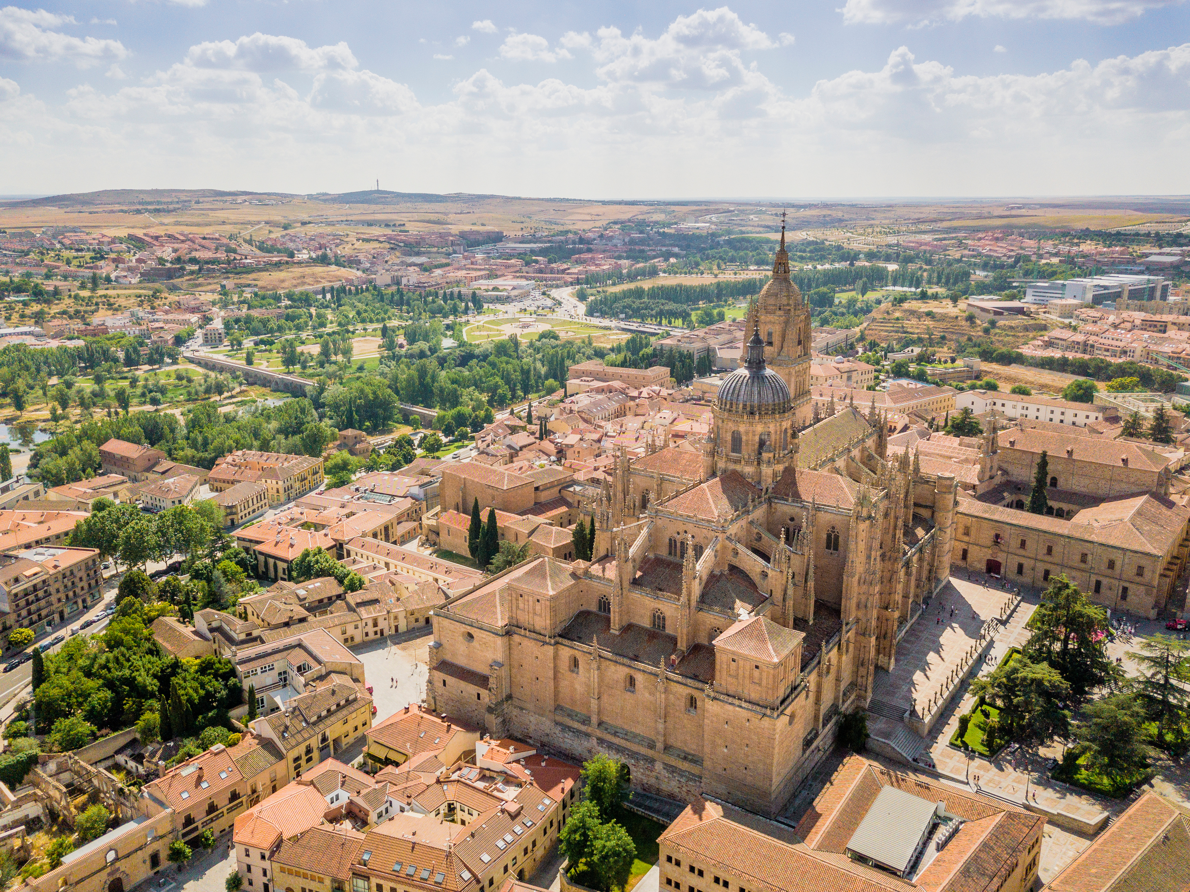 Aerial view of New Cathedral of Salamanca, Spain, showcasing Gothic and Baroque architecture
