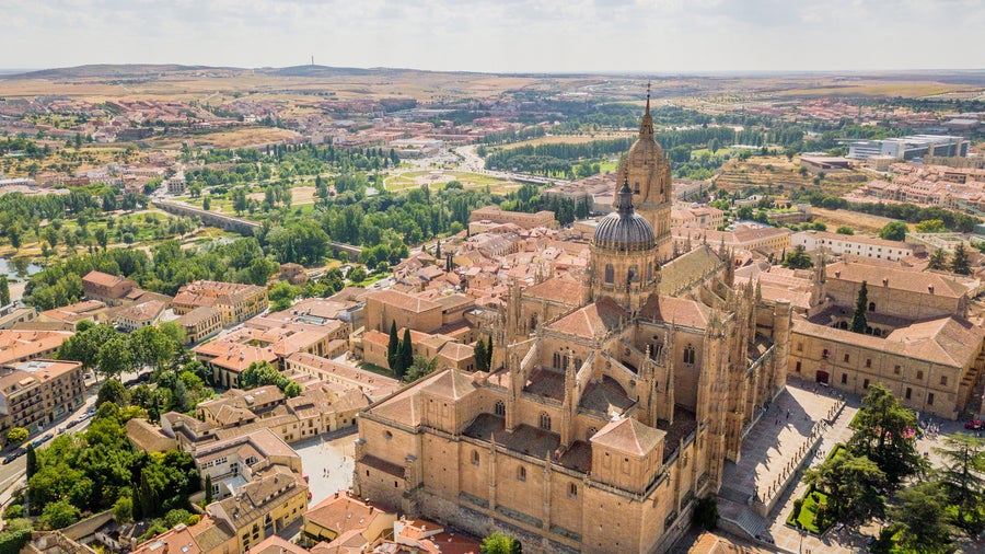 Aerial view of New Cathedral of Salamanca, Spain, showcasing Gothic and Baroque architecture