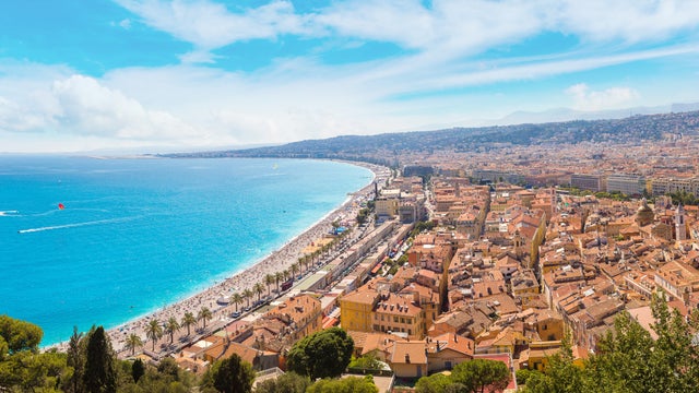 An aerial view of French Riviera, with it's  colourful Mediterranean buildings and turquoise blue ocean