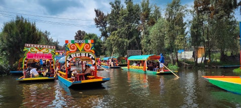 Colourful trajineras boats floating along the canals of Xochimilco in Mexico City, a popular tourist attraction