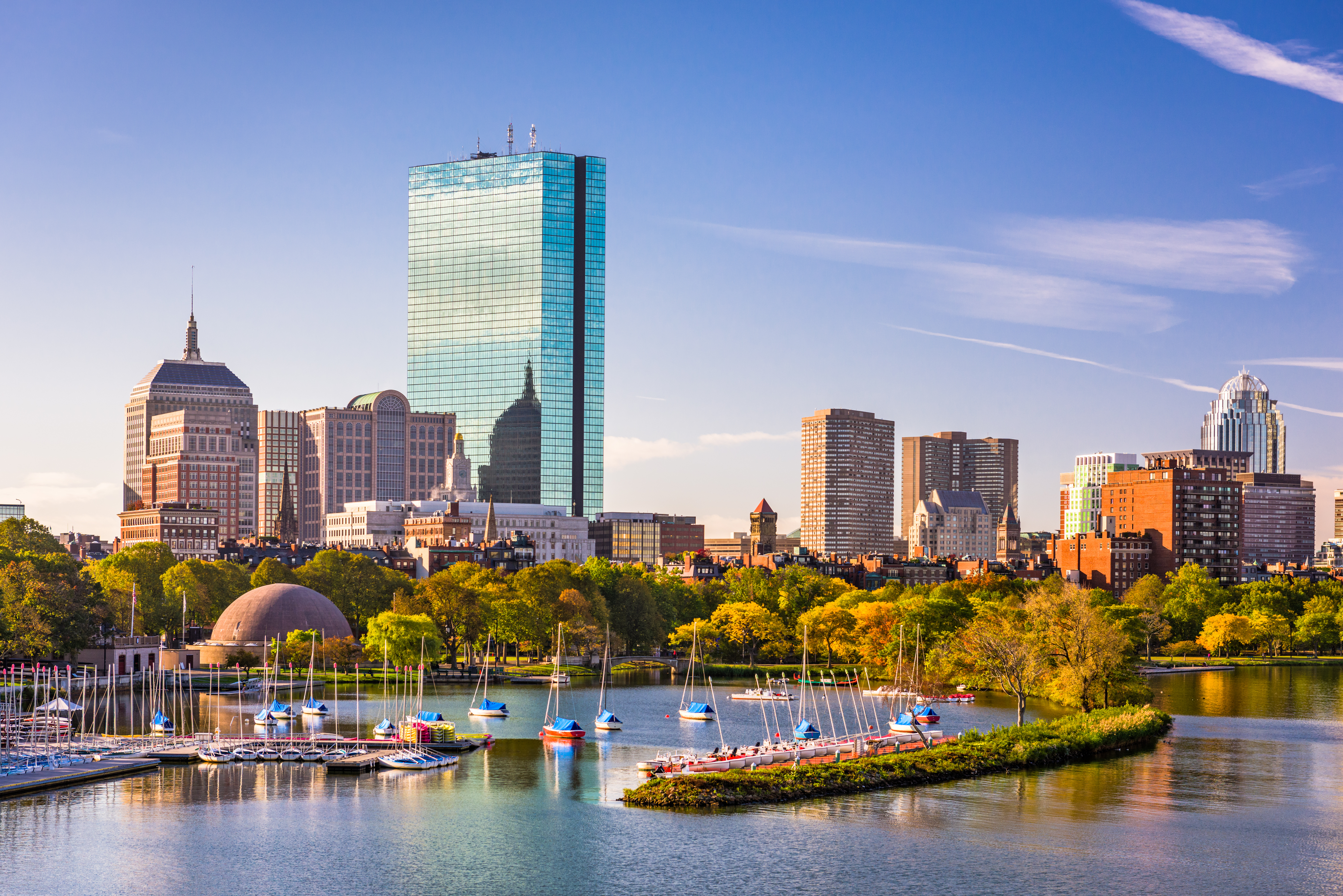 Boston skyline from the Charles River with John Hancock Tower and Prudential Tower in Massachusetts, USA