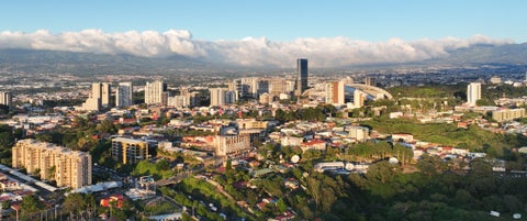 Aerial of San Rafael de Escazu, Costa Rica with the traditional Church and farmers market