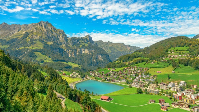 Trübsee lake in the mountains of Engelberg, Switzerland, surrounded by alpine scenery and rugged peaks