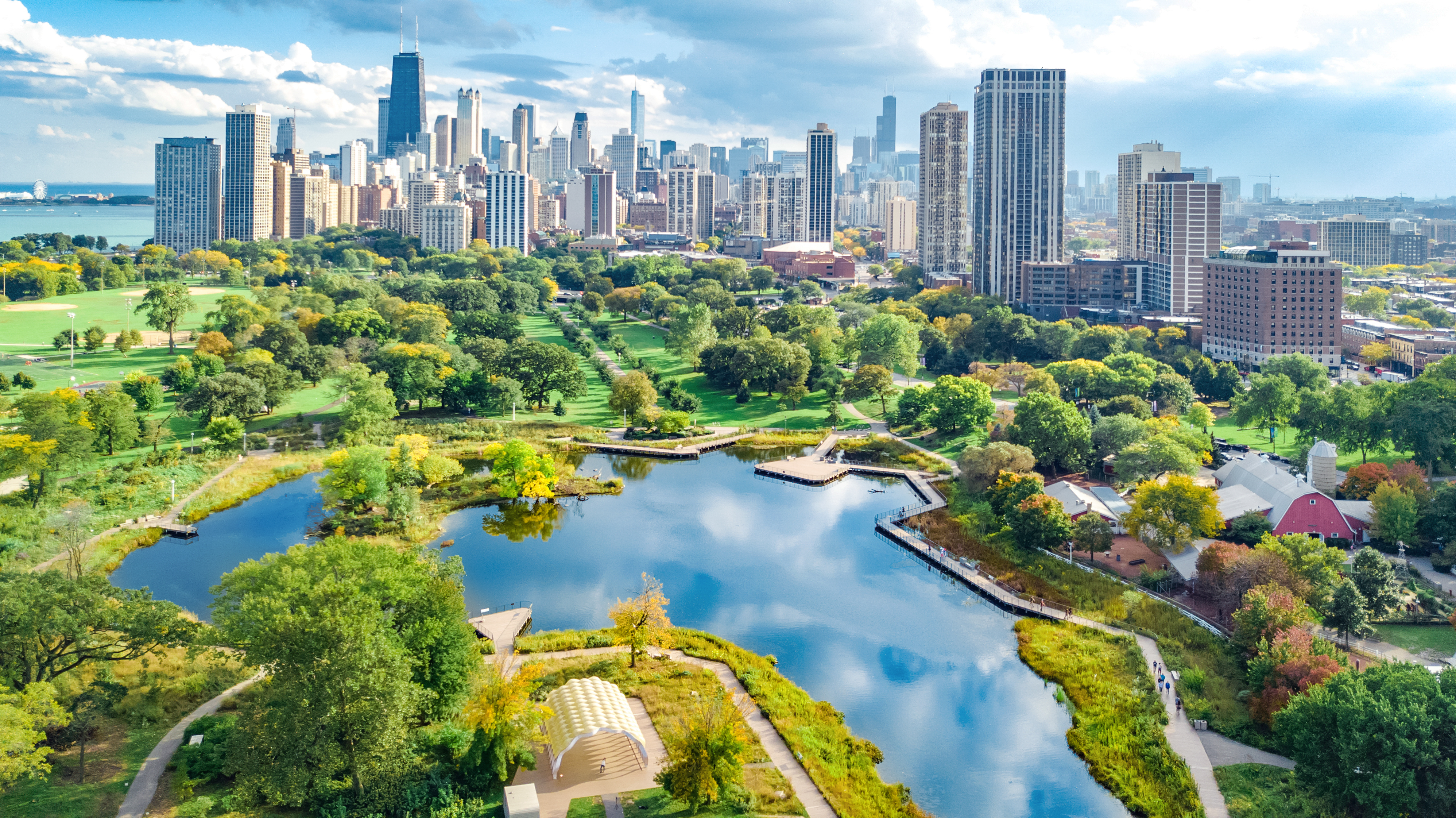 Aerial view of Lincoln Park in Chicago, Illinois with modern buildings and city skyline in the background