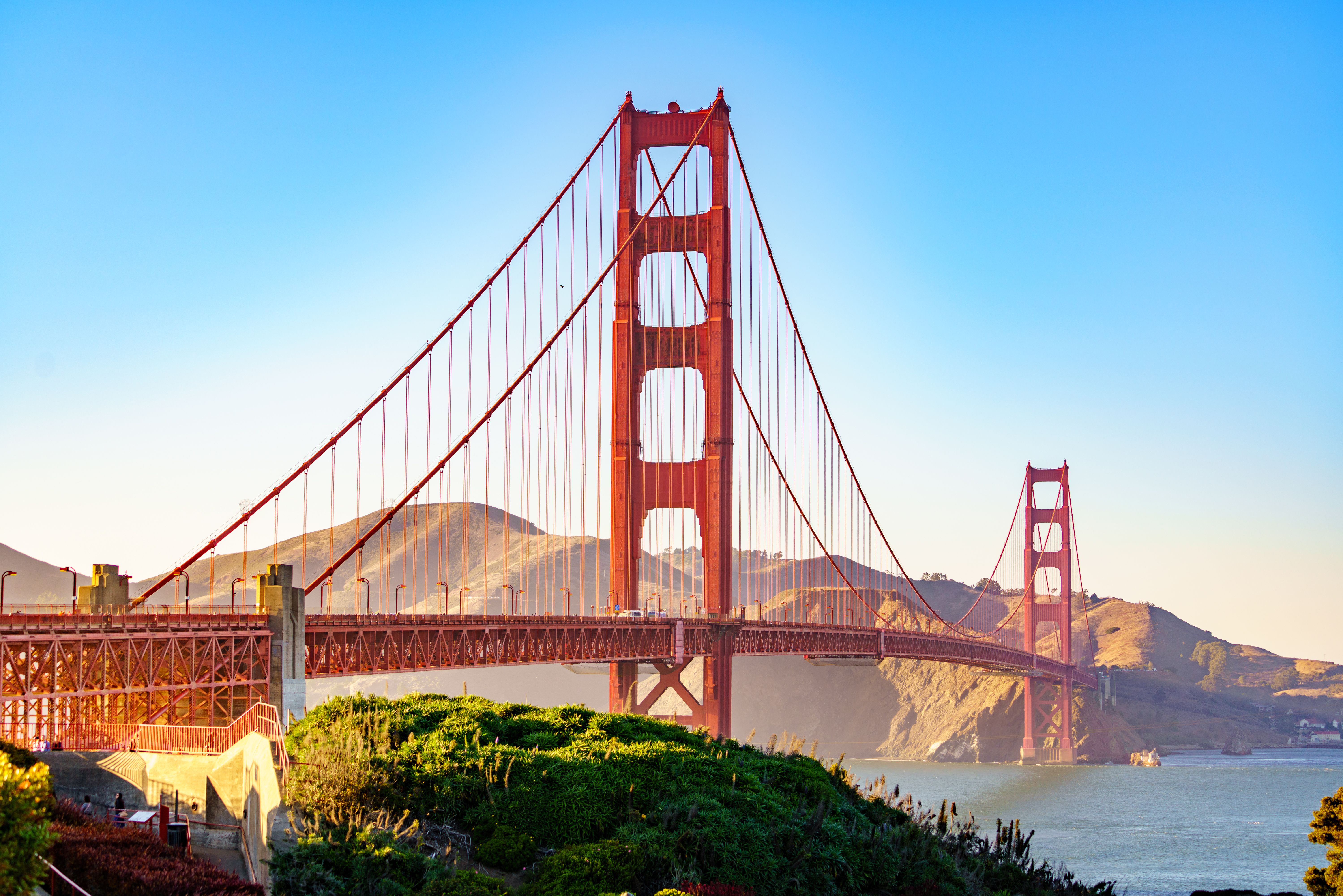 Close-up Golden Gate Bridge in San Francisco, California with clear blue sky