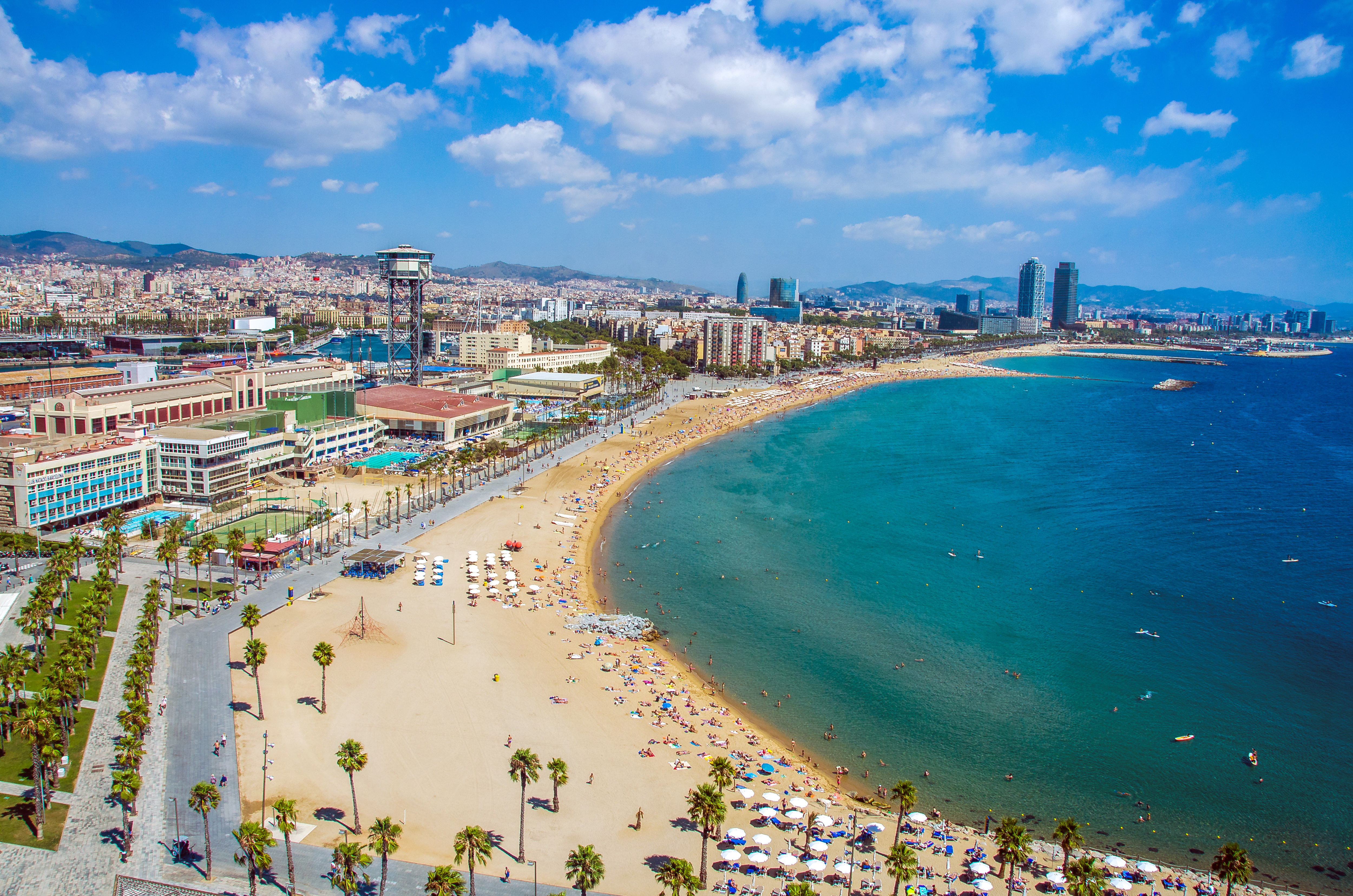 Bustling Barceloneta Beach in Barcelona with golden sands, clear blue waters, sunbathers, colorful buildings, palm trees, and the city’s iconic skyline in the background