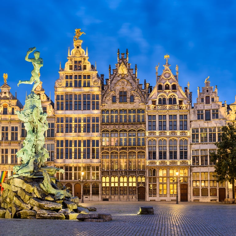 Grote Markt in Antwerp, Belgium, with historic square surrounded by ornate guildhalls with intricate facades
