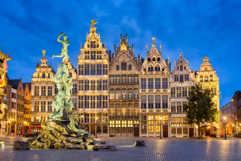 Grote Markt in Antwerp, Belgium, with historic square surrounded by ornate guildhalls with intricate facades