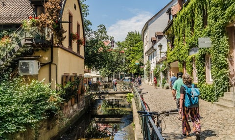Freiburg im Breisgau highlighting the Gewerbekanal and Insel, showcasing a picturesque waterway flowing through the historic district