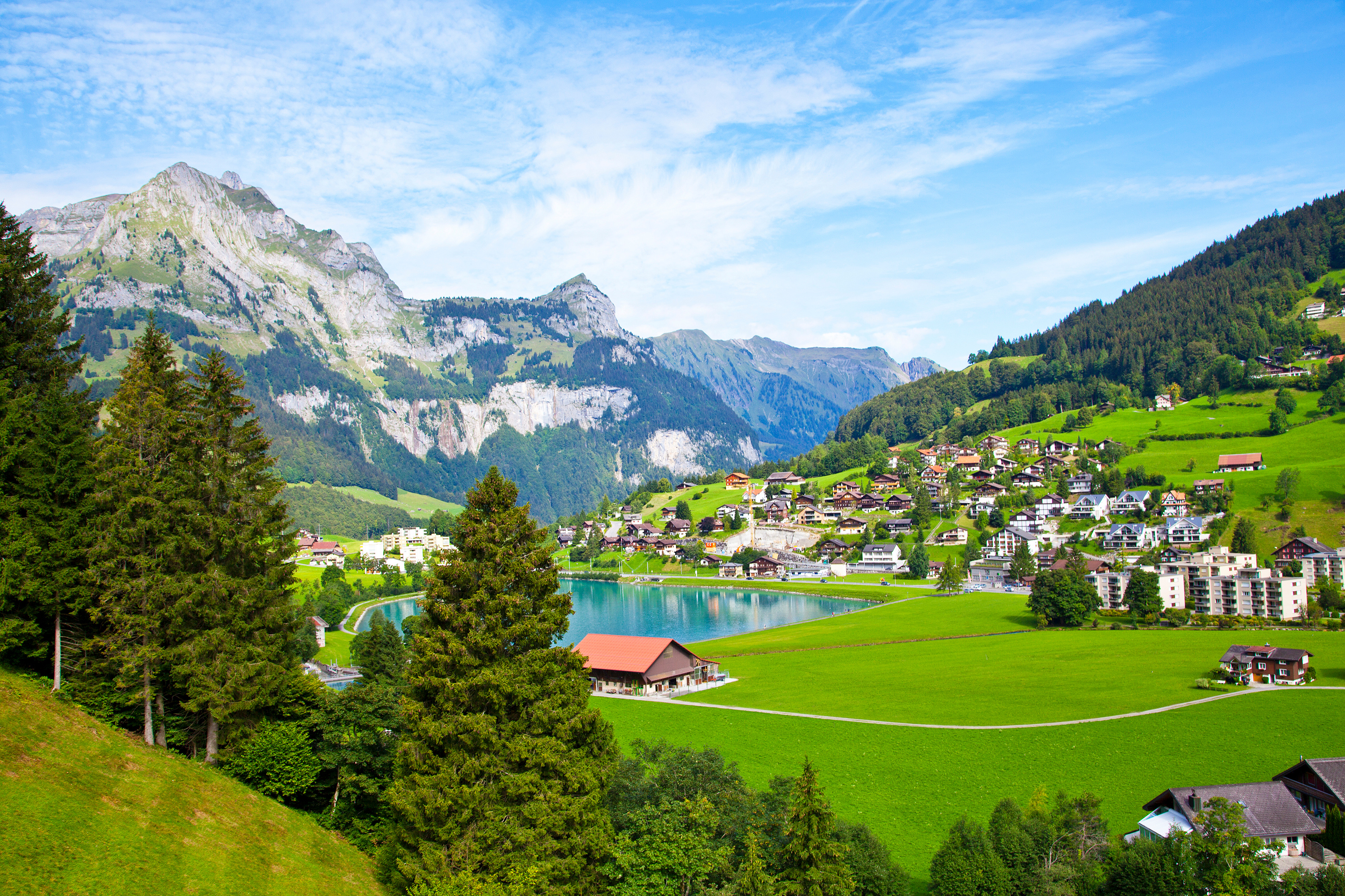 Trübsee lake in the mountains of Engelberg, Switzerland, surrounded by alpine scenery and rugged peaks