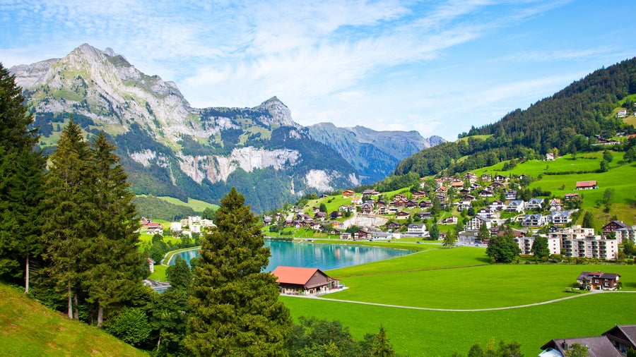 Trübsee lake in the mountains of Engelberg, Switzerland, surrounded by alpine scenery and rugged peaks