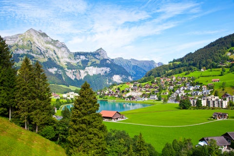 Trübsee lake in the mountains of Engelberg, Switzerland, surrounded by alpine scenery and rugged peaks