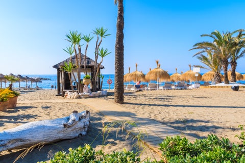 Beach in Marbella, Spain with sun loungers and beach chairs arranged along the sandy shore