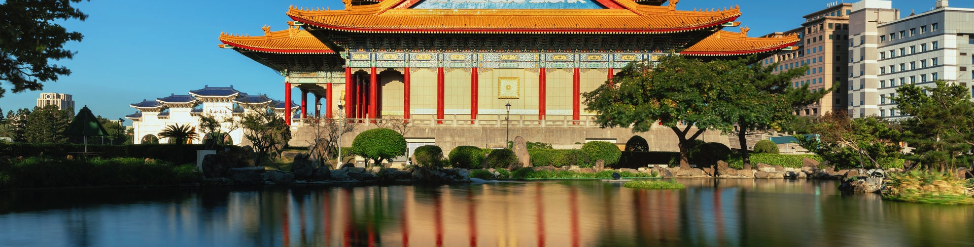 Peace Chiang Kai Shek Memorial Hall and pond at dawn, Taipei, Taiwan