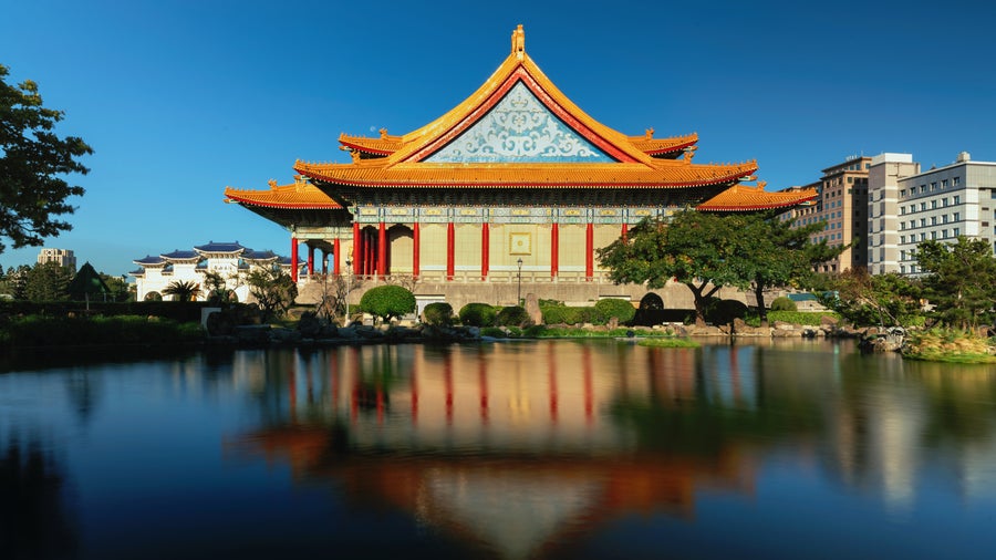Peace Chiang Kai Shek Memorial Hall and pond at dawn, Taipei, Taiwan
