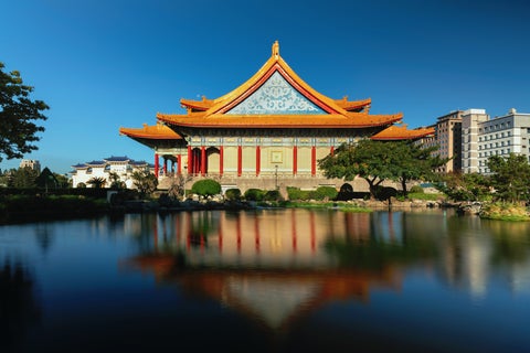Peace Chiang Kai Shek Memorial Hall and pond at dawn, Taipei, Taiwan