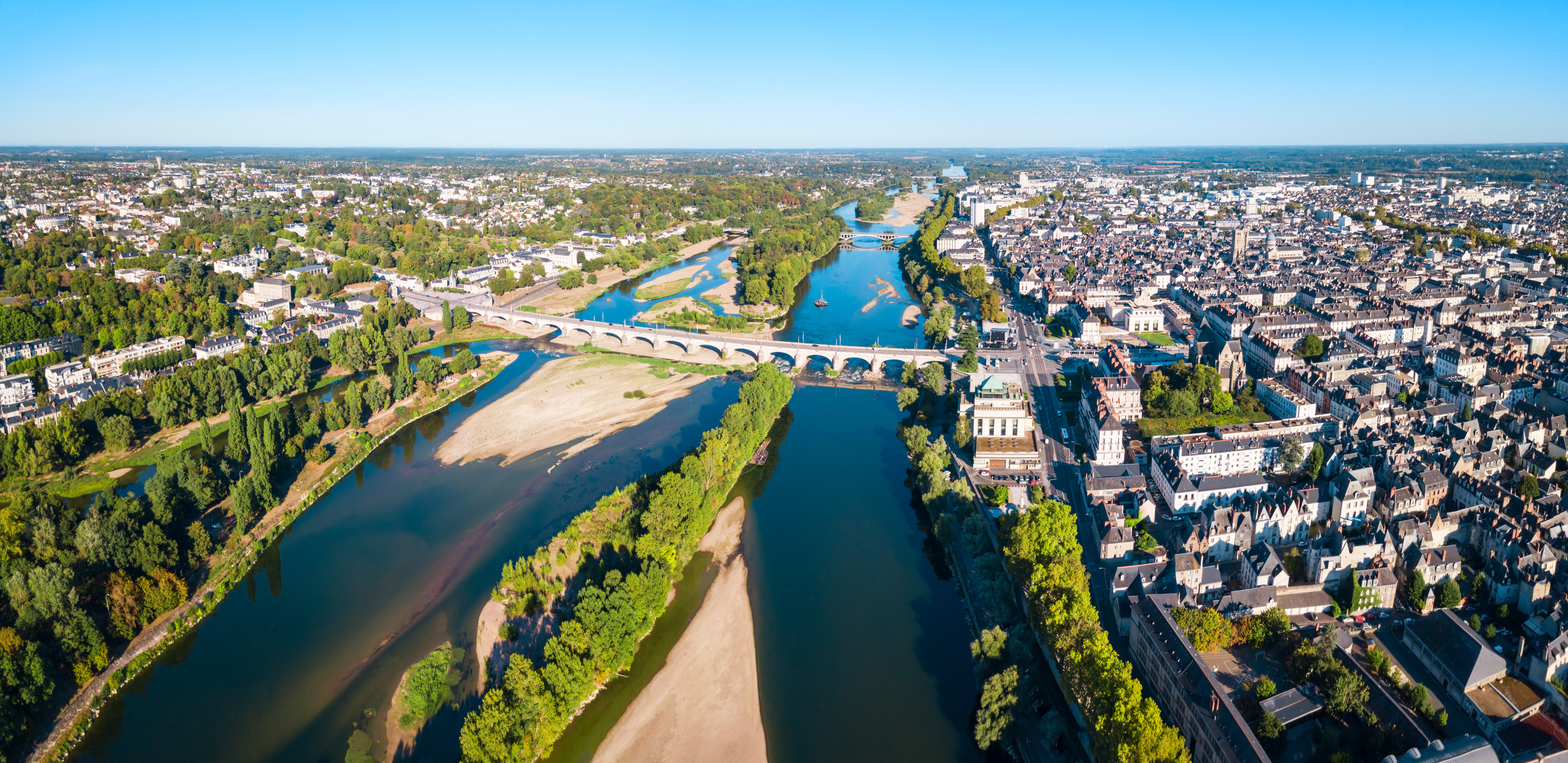 Aerial view of Tours City Center featuring Loire River and Pont Wilson, France